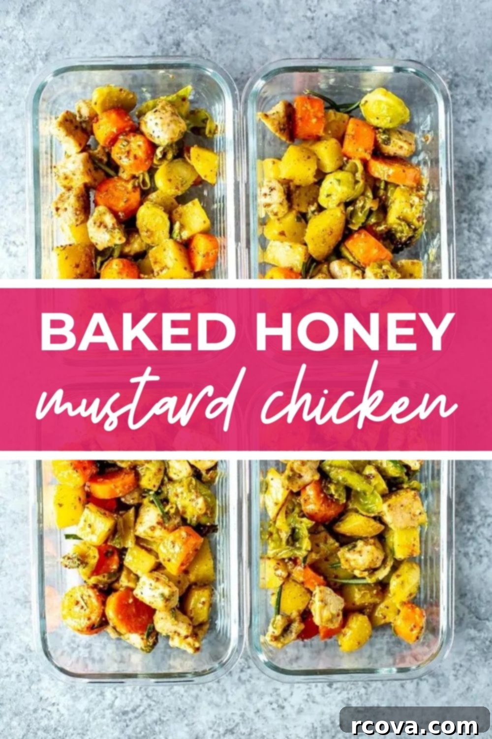 Golden Baked Honey Mustard Chicken 12 Honey mustard chicken in glass meal prep bowls, with text that says 'Baked Honey Mustard Chicken'