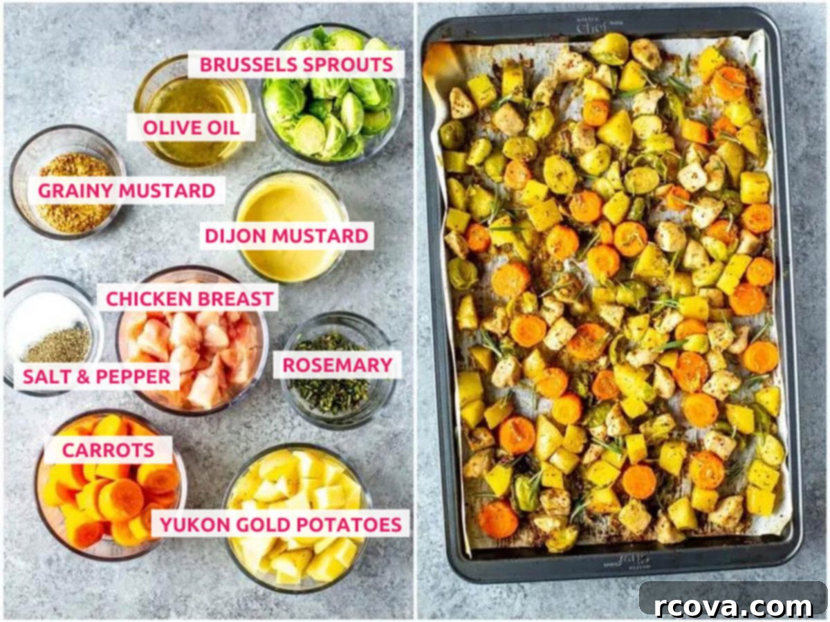 Golden Baked Honey Mustard Chicken 4 Ingredients for baked honey mustard chicken: chicken, dijon mustard, grainy mustard, potatoes, carrots, brussels sprouts, salt, pepper, rosemary and olive oil. All laid out beautifully on a wooden board.
