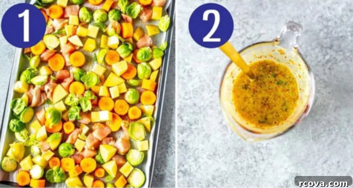 Golden Baked Honey Mustard Chicken 5 Step 1 and 2 for making baked honey mustard chicken: First image shows chopped veggies and chicken on a sheet pan. Second image shows a bowl with honey mustard sauce being whisked.