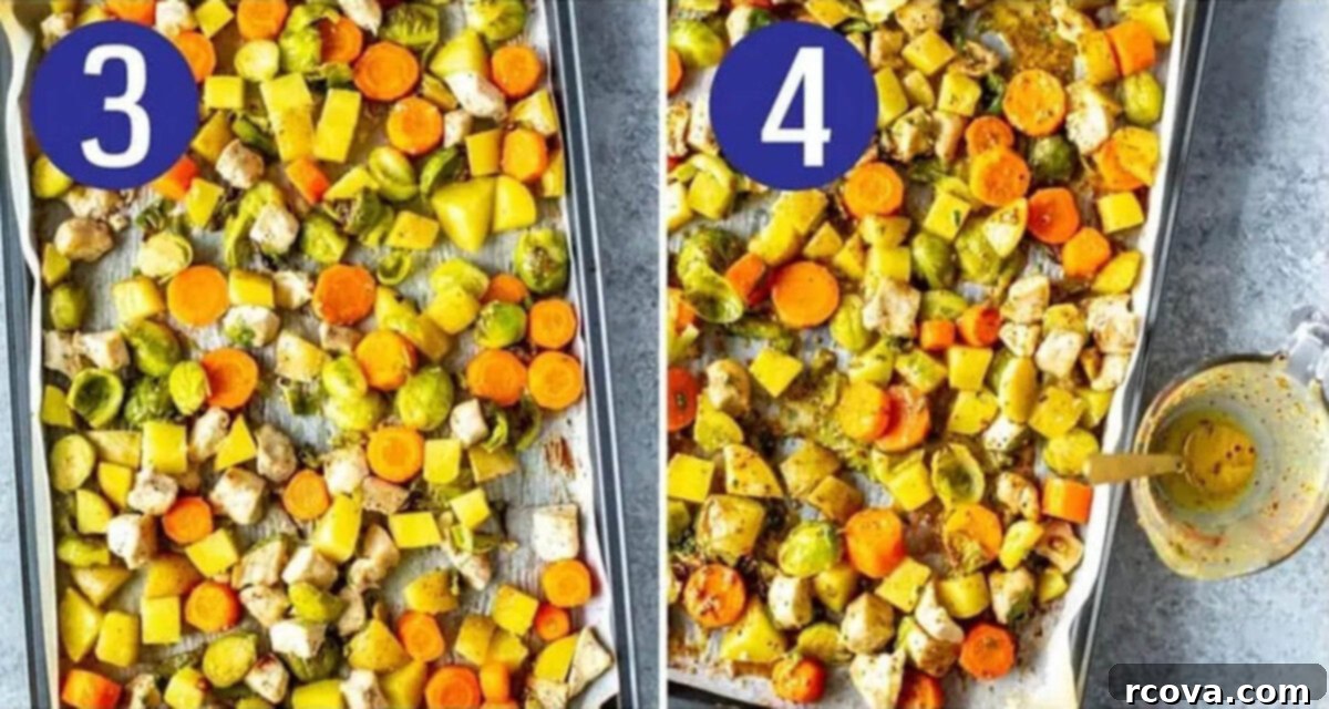 Golden Baked Honey Mustard Chicken 6 Steps 3 and 4 for making baked honey mustard chicken: First image shows chicken and veggies baking on a sheet pan. Second image shows the cooked chicken and vegetables being drizzled with honey mustard sauce.