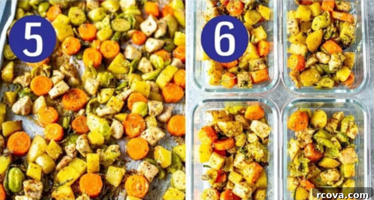 Golden Baked Honey Mustard Chicken 7 Steps 5 and 6 for making baked honey mustard chicken: First image shows the chicken and veggies with sauce baking again. Second image shows the finished dish garnished with rosemary, ready to be served or stored in meal prep bowls.