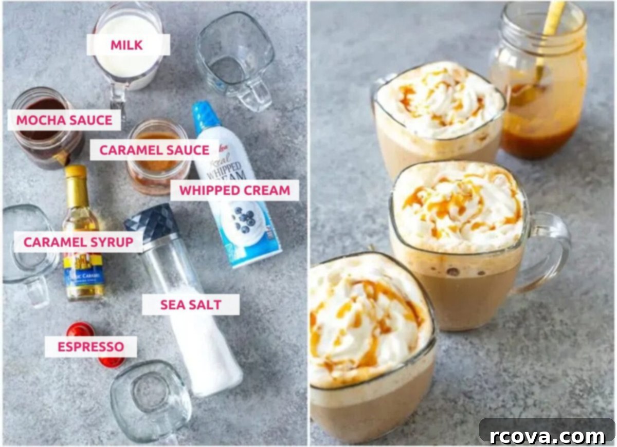 Starbucks' Salty Sweet Caramel Mocha 4 Ingredients for making a homemade Starbucks salted caramel mocha, including espresso, milk, mocha sauce, and caramel sauce