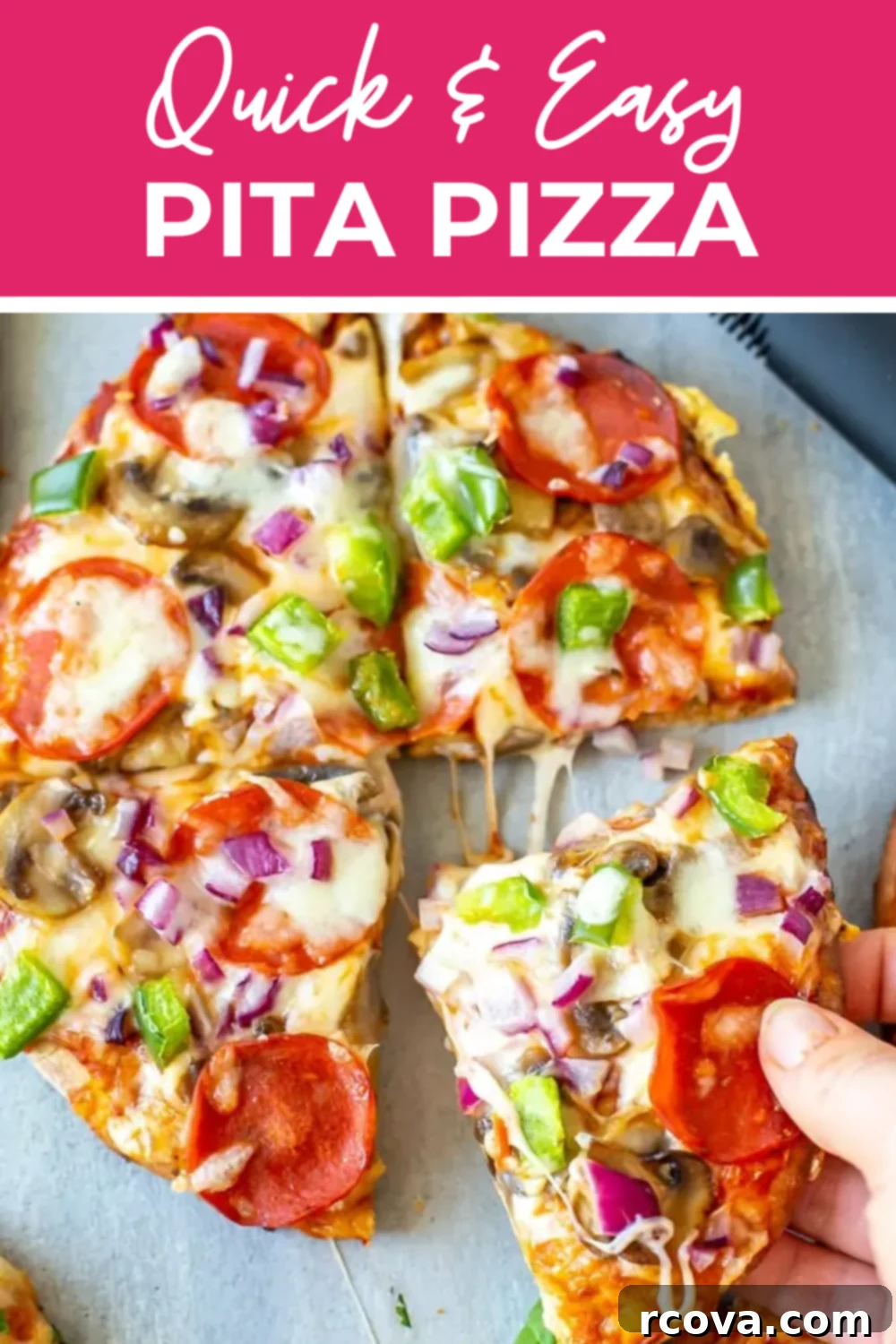 Quick and Easy Pita Pizza 3 Ways 11 A close-up of a pita pizza with the text "Quick & Easy Pita Pizza" on top.