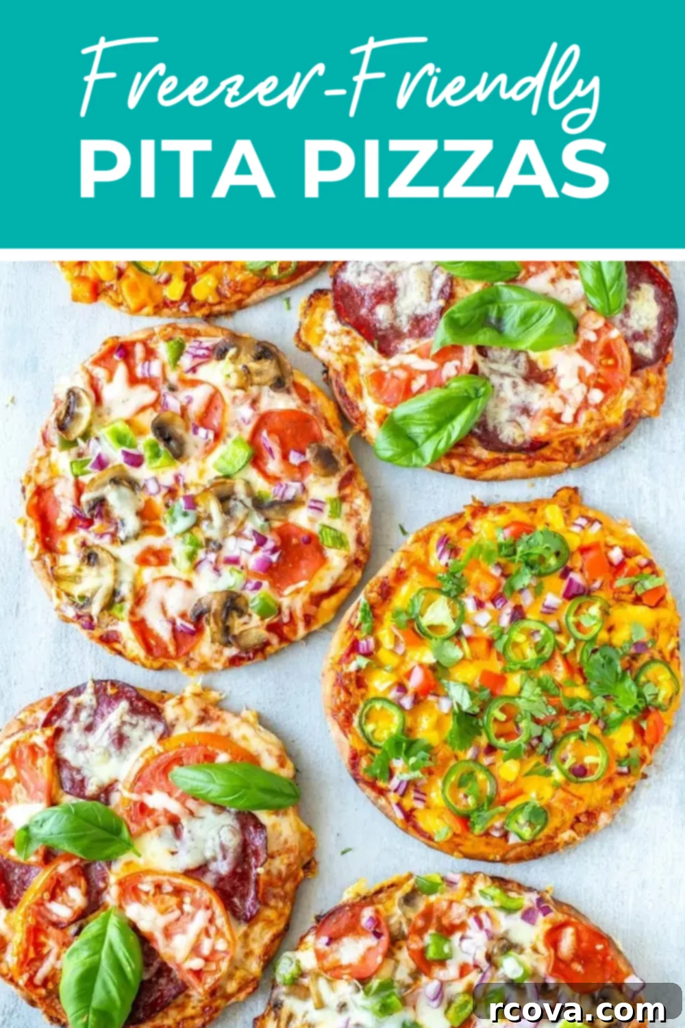Quick and Easy Pita Pizza 3 Ways 12 Several pita pizzas with the text "Freezer-Friendly Pita Pizzas" on top.