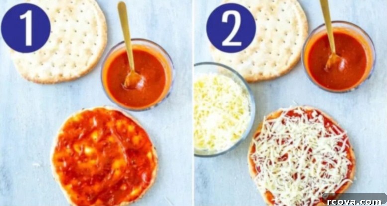 Quick and Easy Pita Pizza 3 Ways 5 Steps 1 and 2 for making pita pizza: lightly toasting pitas and adding sauce and cheese