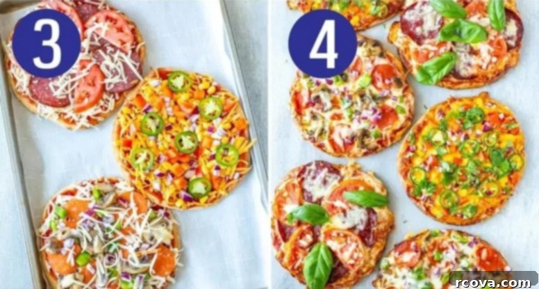 Quick and Easy Pita Pizza 3 Ways 6 Steps 3 and 4 for making pita pizza: adding toppings and baking until melted