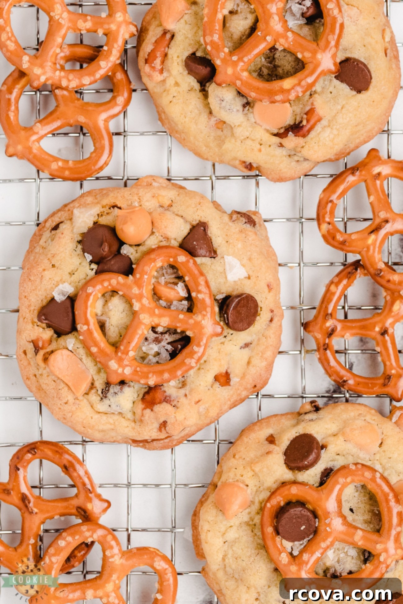 Butterscotch Pretzel Cookie Bliss 3 Freshly baked butterscotch pretzel cookies cooling on a wire rack