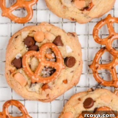 Butterscotch Pretzel Cookie Bliss 6 butterscotch pretzel cookies on a cooling rack