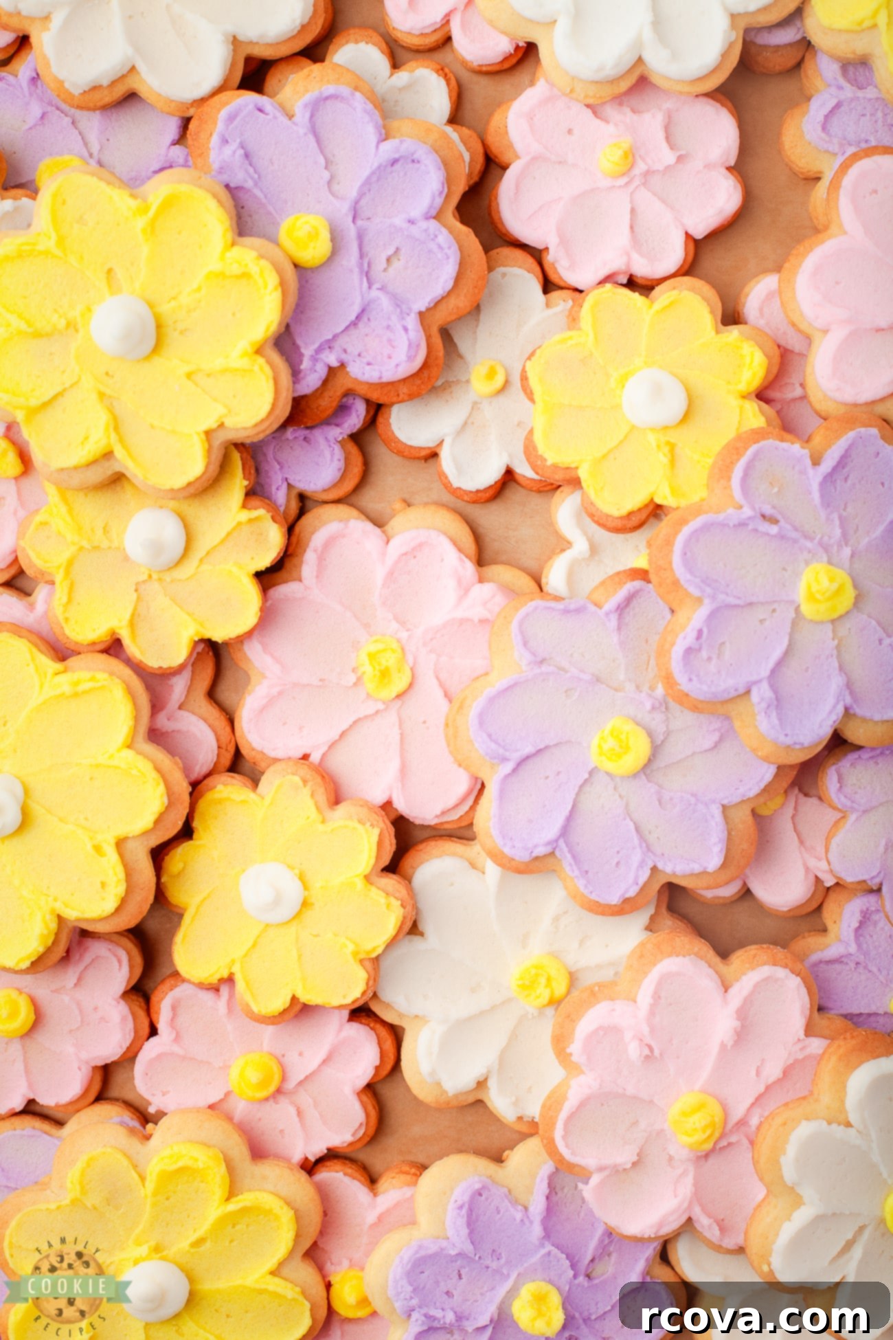 Sweet Buttercream Blooms 5 yellow, pink and lavender buttercream flower cookies