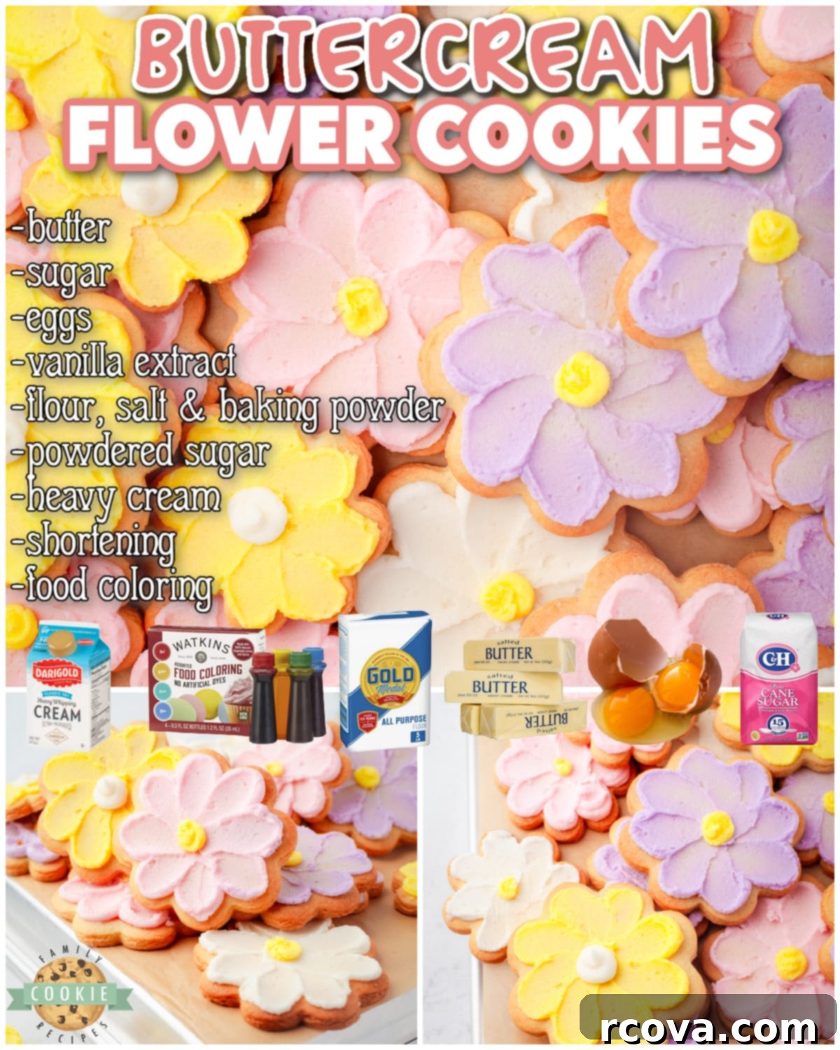 Sweet Buttercream Blooms 8 Buttercream Flower Cookies are both beautiful & delicious! Buttery cut out cookies are piped with a silky buttercream frosting in the shape of Spring flowers!