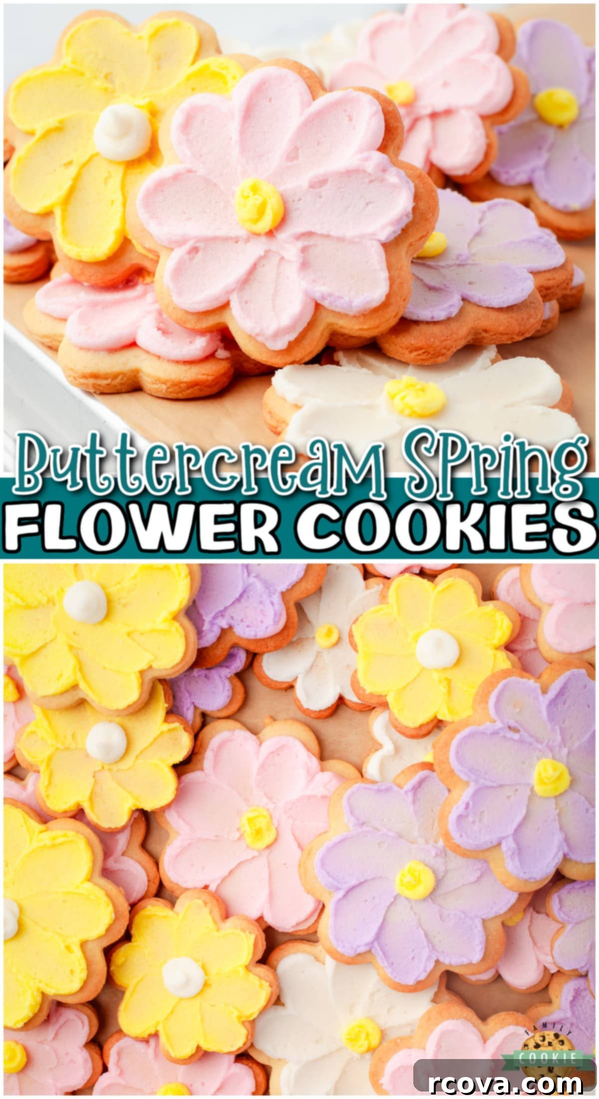 Sweet Buttercream Blooms 9 Buttercream Flower Cookies are both beautiful & delicious! Buttery cut out cookies are piped with a silky buttercream frosting in the shape of Spring flowers!