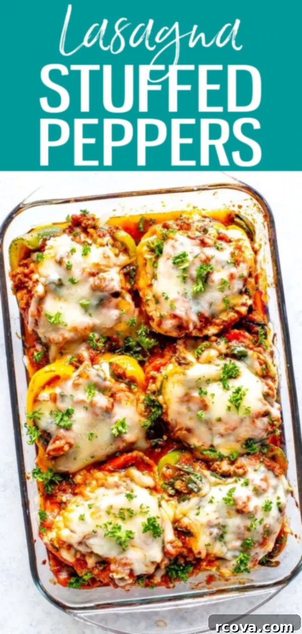 Low Carb Lasagna Pepper Boats 10 These Low Carb Lasagna Stuffed Peppers are filled with ground beef, ricotta, spinach and pasta sauce then topped with mozzarella cheese! #lowcarb #stuffedpeppers