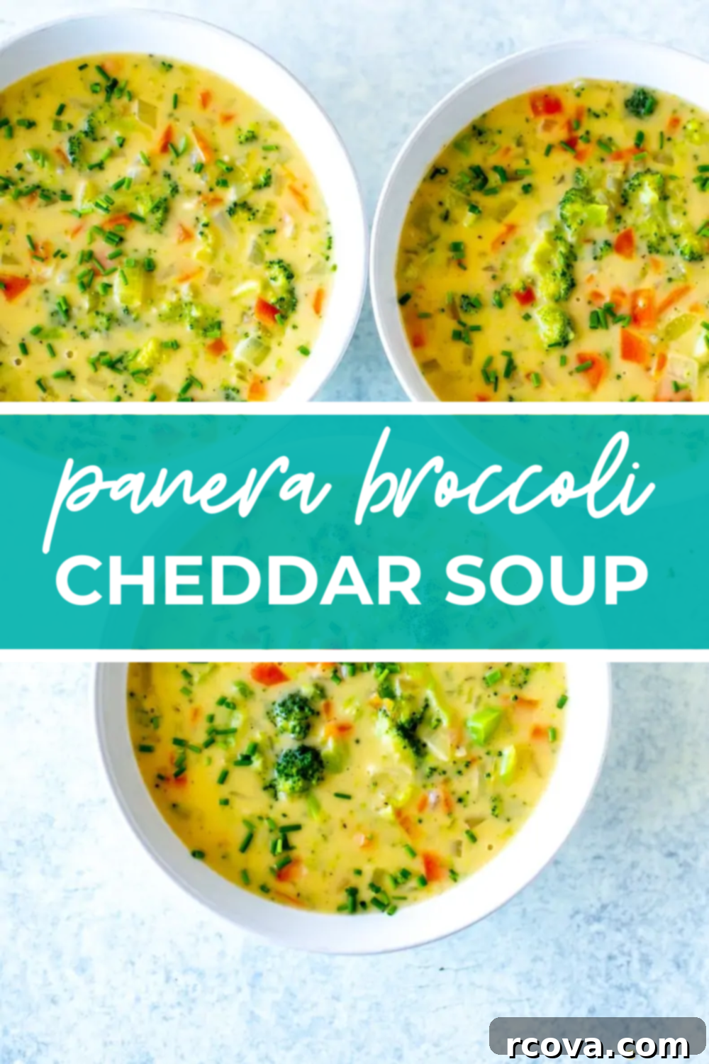 Homemade Panera-Style Broccoli Cheddar Soup 11 overhead shot of the dish with green banner in the middle reading "panera broccoli cheddar soup"