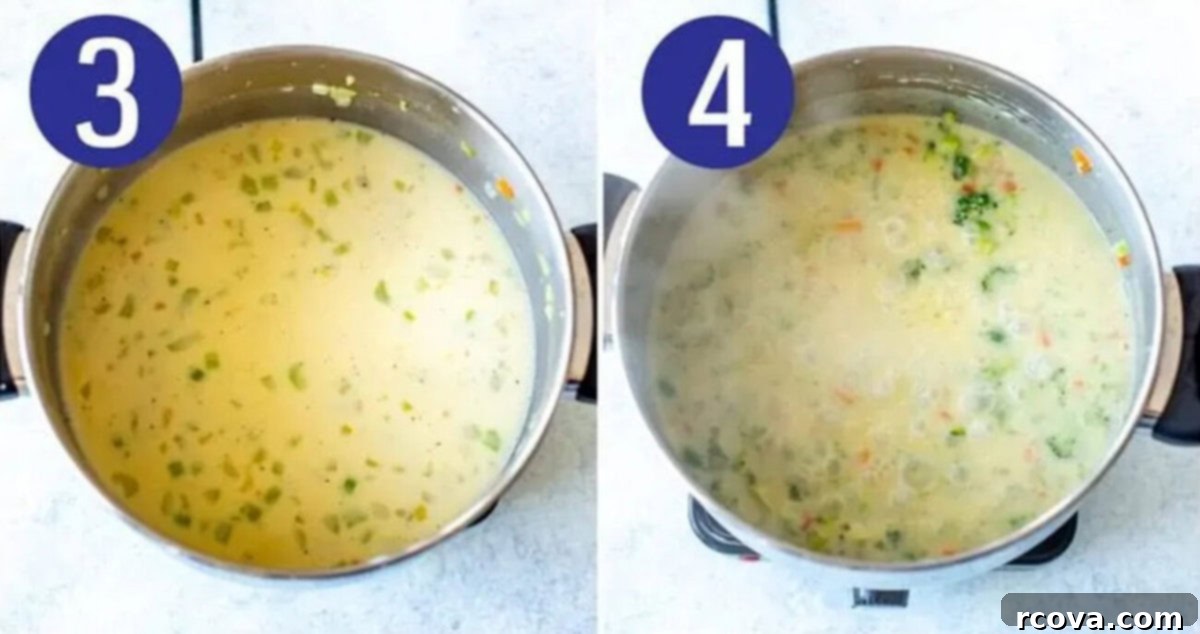Homemade Panera-Style Broccoli Cheddar Soup 6 Visual steps 3 and 4 for making Panera broccoli cheddar soup: first, milk and chicken broth are whisked into the flour-coated vegetables to create a smooth soup base; then, finely chopped broccoli is added to the simmering liquid.