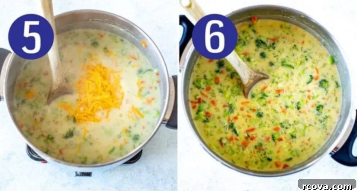Homemade Panera-Style Broccoli Cheddar Soup 7 Visual steps 5 and 6 for making broccoli cheddar soup: first, the pot is removed from heat and grated cheddar cheese is added; then, the cheese is whisked into the hot soup until fully melted and smooth.
