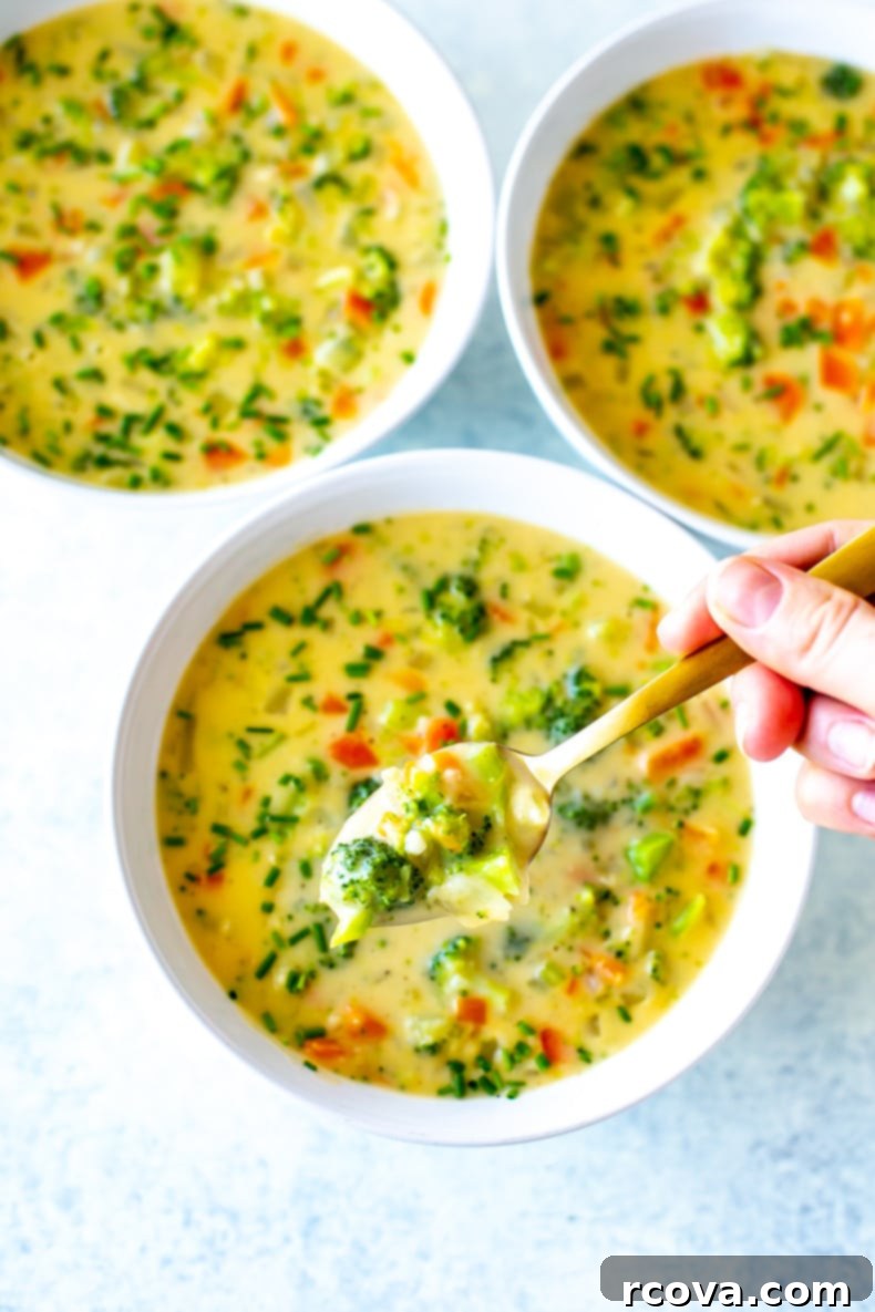 Homemade Panera-Style Broccoli Cheddar Soup 8 A warm, inviting bowl of Panera Broccoli Cheddar Soup, beautifully presented and ready to be enjoyed.