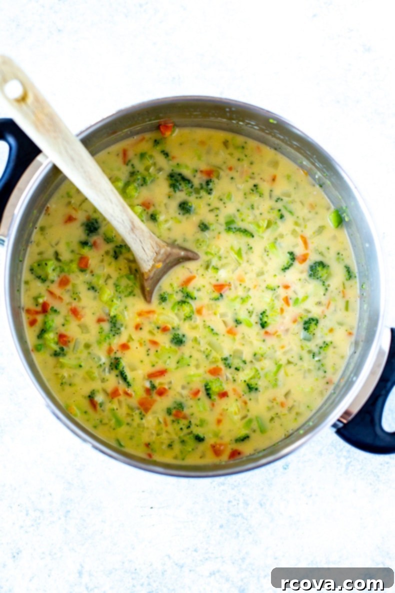 Homemade Panera-Style Broccoli Cheddar Soup 9 A close-up shot of a creamy bowl of Panera Broccoli Cheddar Soup, highlighting its rich texture and chunks of tender broccoli.
