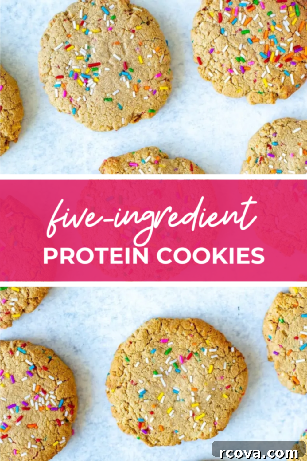 Simple 5-Ingredient Protein Cookies 13 overhead shot of the dish with pink banner in the middle reading "five-ingredient protein cookies"