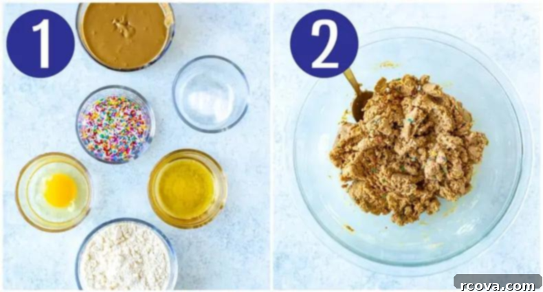 Simple 5-Ingredient Protein Cookies 5 Steps 1 and 2 for making Nut-Free Protein Cookies: ingredients laid out and then mixed in a bowl