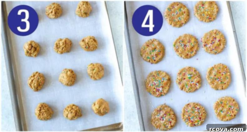 Simple 5-Ingredient Protein Cookies 6 Steps 3 and 4 for making Nut-Free Protein Cookies: dough shaped into balls, then flattened on a baking sheet