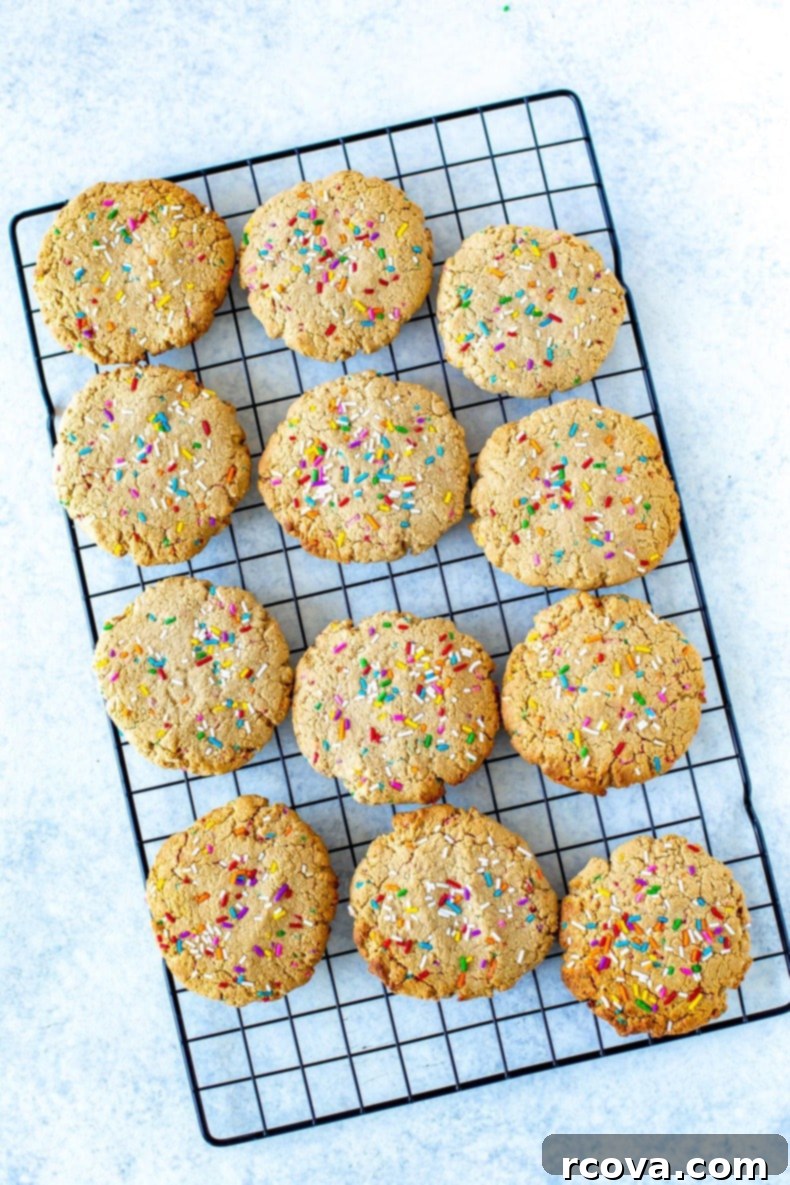Simple 5-Ingredient Protein Cookies 9 Nut-free Funfetti Protein Cookies stacked on a white plate