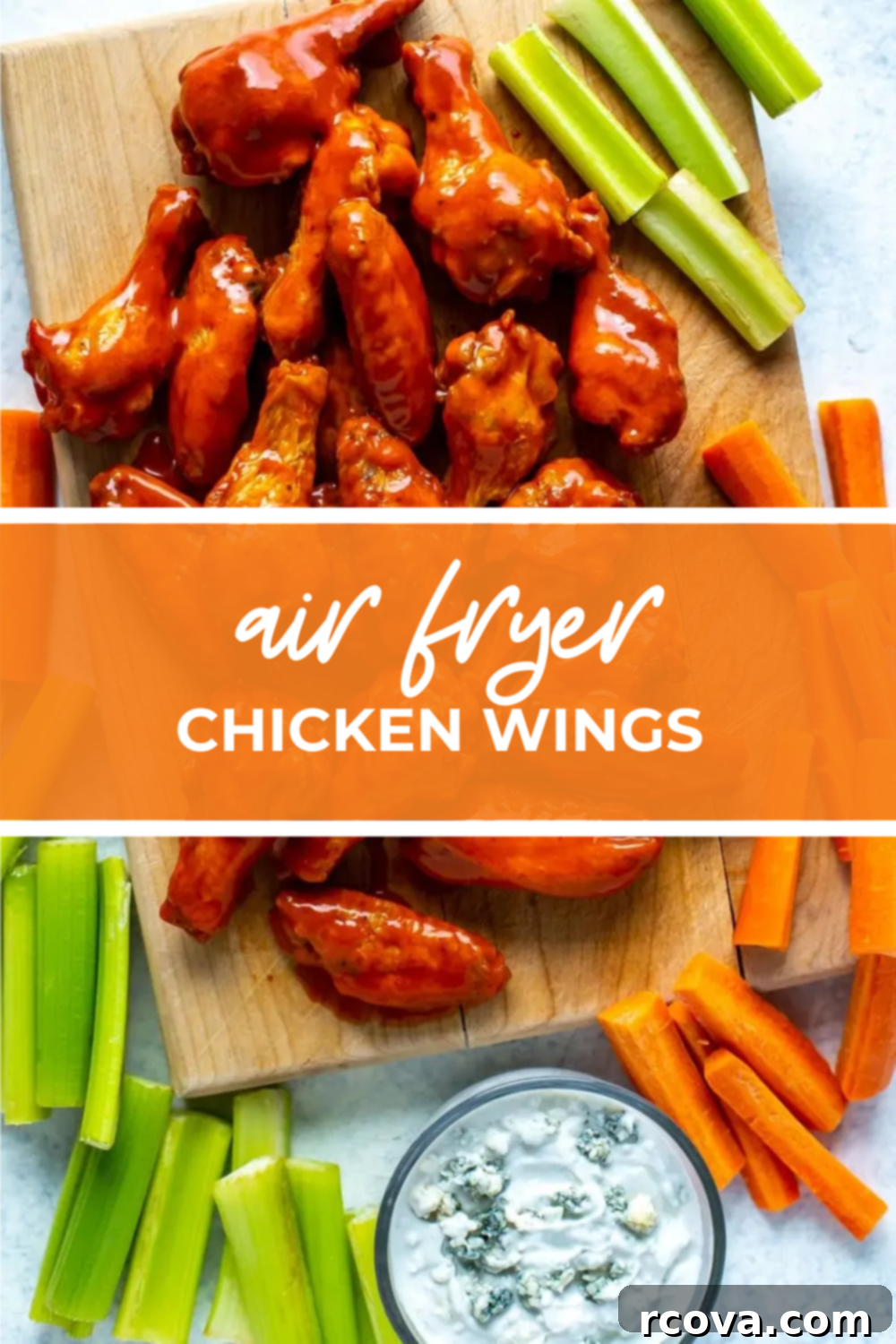 Ultimate Crispy Air Fryer Chicken Wings 12 overhead shot of chicken wings with orange banner in the middle and white text saying "air fryer chicken wings"