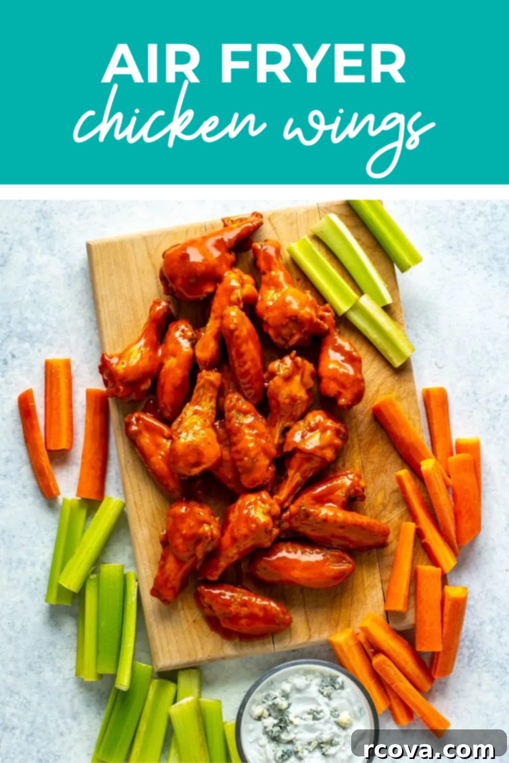 Ultimate Crispy Air Fryer Chicken Wings 13 overhead shot of chicken wings with blue banner on top and whit text saying "air fryer chicken wings"