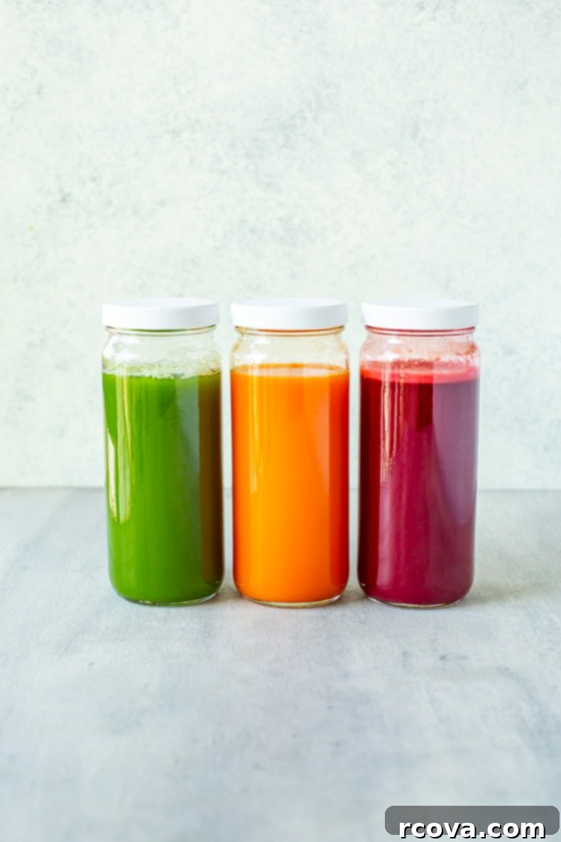 Easy Cold Press Juicing for Beginners 2 Freshly prepared green, beet, and carrot juices in glass bottles, ready to drink or store, showcasing healthy juicing recipes.