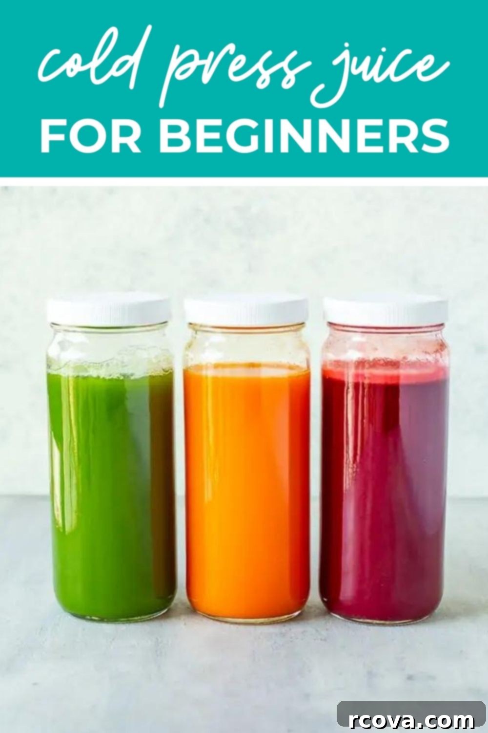Easy Cold Press Juicing for Beginners 12 Three bottles of fresh juice, with text that says 'Cold Press Juice for Beginners'