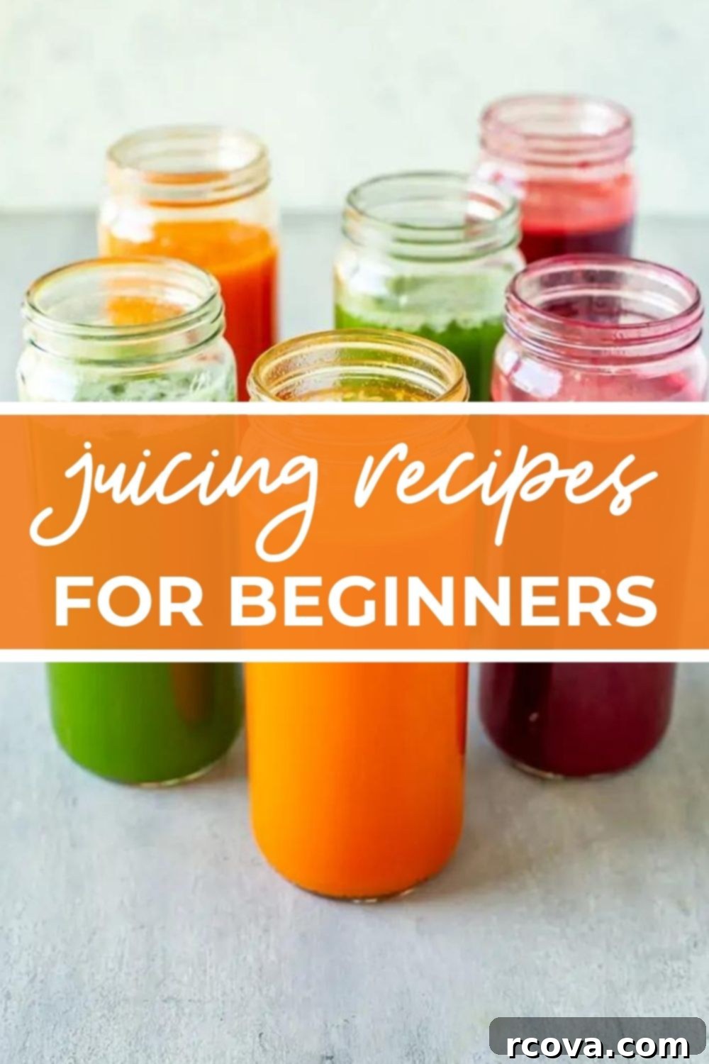Easy Cold Press Juicing for Beginners 13 Glass bottles of fresh juice, with text that says 'Juicing Recipes for Beginners'