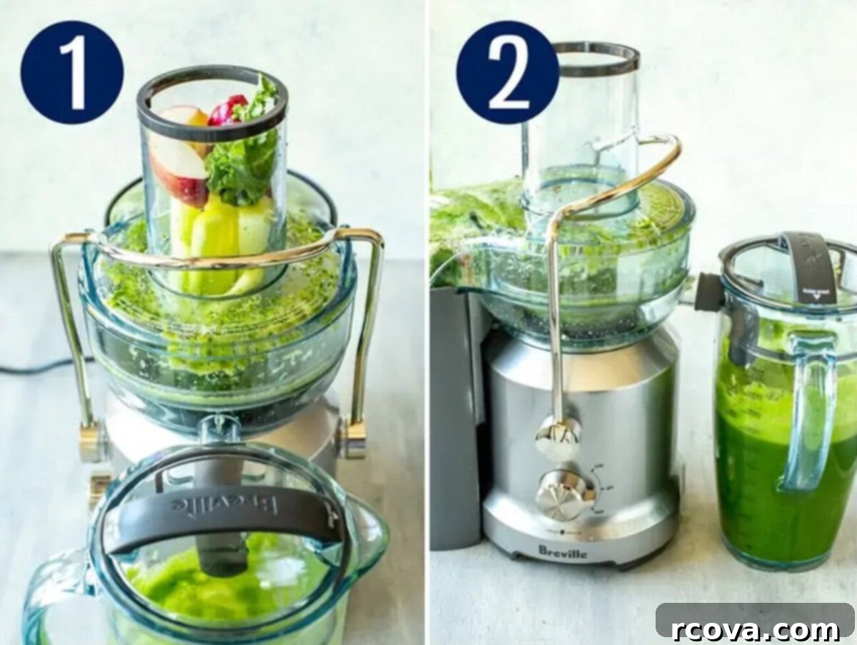 Easy Cold Press Juicing for Beginners 4 Steps 1 and 2 for making fresh cold-pressed juices: Preparing produce by washing and trimming, then feeding it into a juicer.