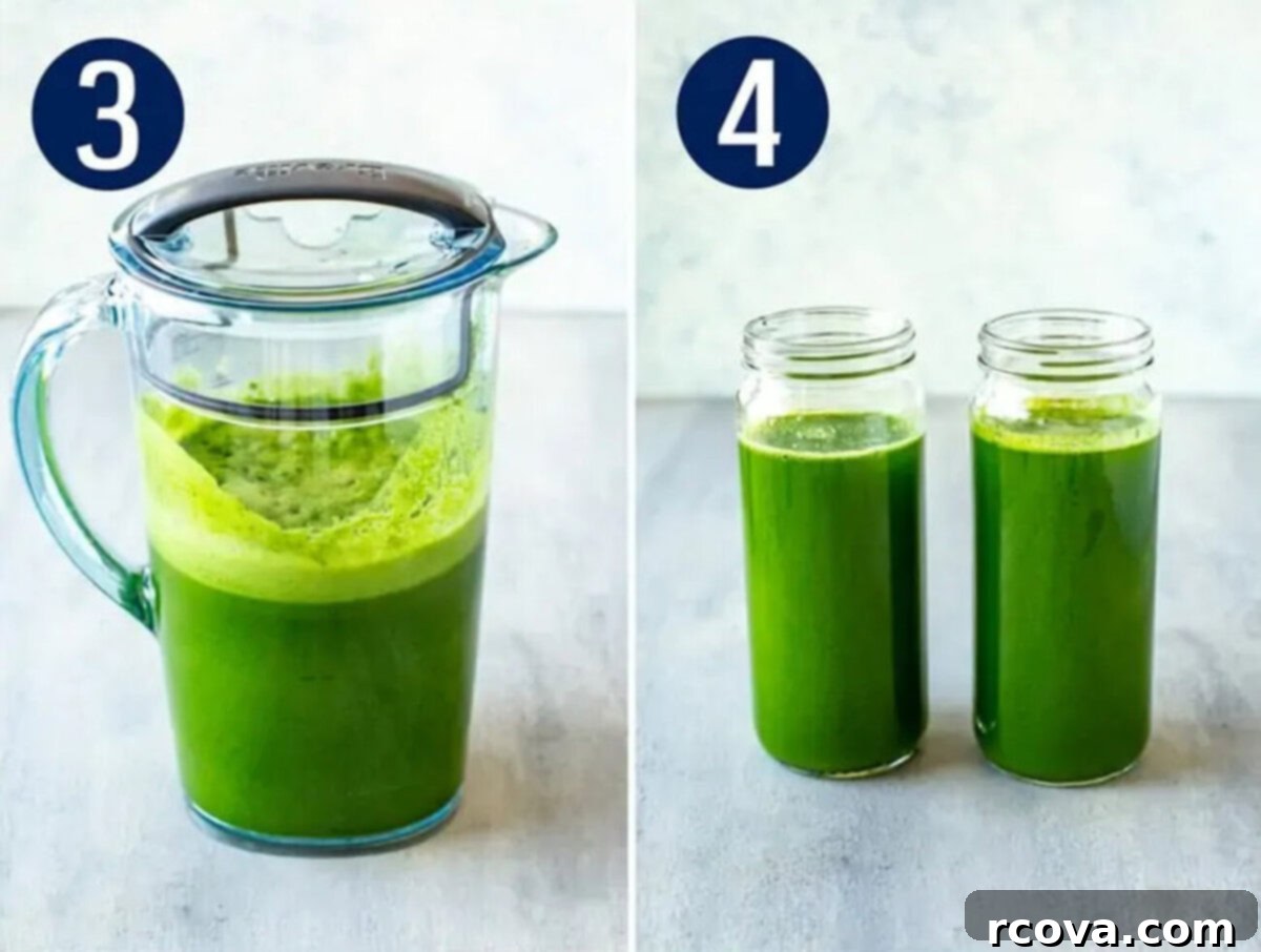 Easy Cold Press Juicing for Beginners 5 Steps 3 and 4 for making healthy juices: Removing the juice pitcher and serving or storing the fresh beverage.