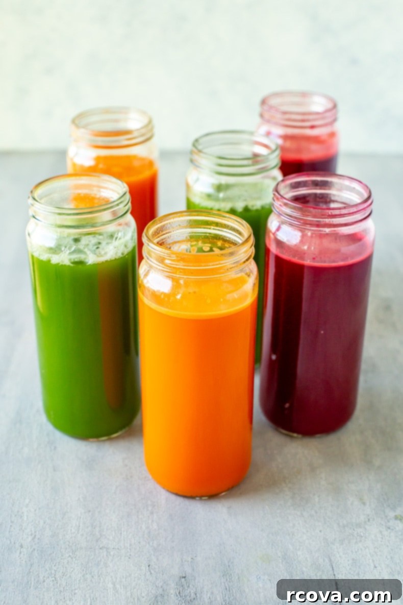 Easy Cold Press Juicing for Beginners 6 Selection of homemade cold press juices, including green, beet, and carrot, illustrating easy juicing recipes for beginners.