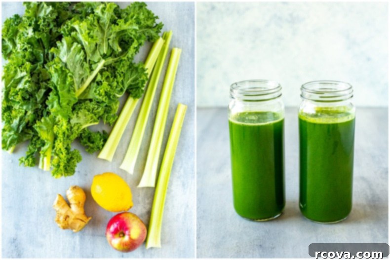 Easy Cold Press Juicing for Beginners 7 Freshly made green juice in a glass, with ingredients like kale, celery, apple, lemon, and ginger nearby, perfect for a healthy start.