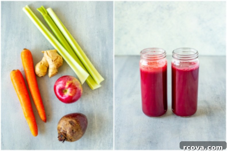 Easy Cold Press Juicing for Beginners 8 Vibrant beet juice in a glass, with whole beets, carrots, celery, apple, and ginger roots arranged around it, highlighting a healthy beet juice recipe.