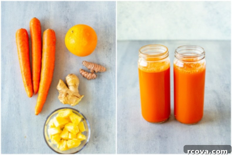 Easy Cold Press Juicing for Beginners 9 A glass of bright orange carrot juice, with whole carrots, an orange, pineapple chunks, ginger, and turmeric root in the background, making a healthy carrot juice recipe.
