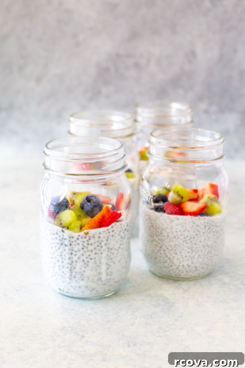 Easy 4-Ingredient Protein Chia Pudding 2 Creamy high-protein chia pudding topped with fresh berries and kiwi in a glass jar, ready for breakfast