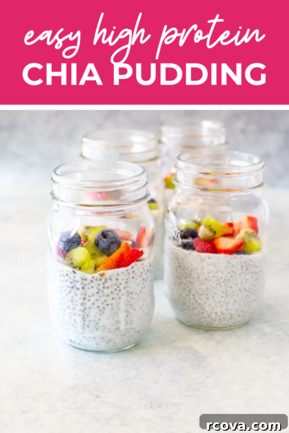 Easy 4-Ingredient Protein Chia Pudding 11 Four servings of creamy chia pudding in small mason jars, ready for meal prep, without toppings.