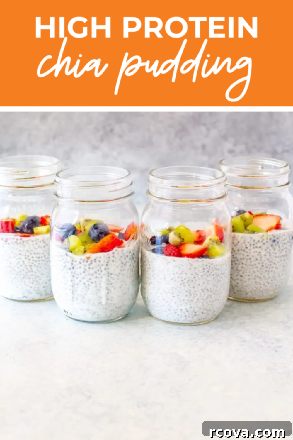 Easy 4-Ingredient Protein Chia Pudding 12 Four servings of high-protein chia pudding, beautifully topped with various fresh fruits and berries, in mason jars.