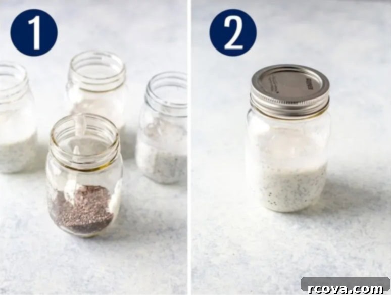 Easy 4-Ingredient Protein Chia Pudding 5 Step-by-step photos showing Greek yogurt, honey, chia seeds, and soy milk being combined in a mason jar, then stirred.