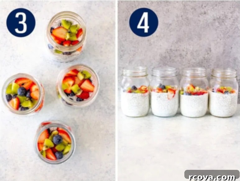 Easy 4-Ingredient Protein Chia Pudding 6 Step-by-step photos showing prepared chia pudding being topped with fresh fruit and served in a glass jar.
