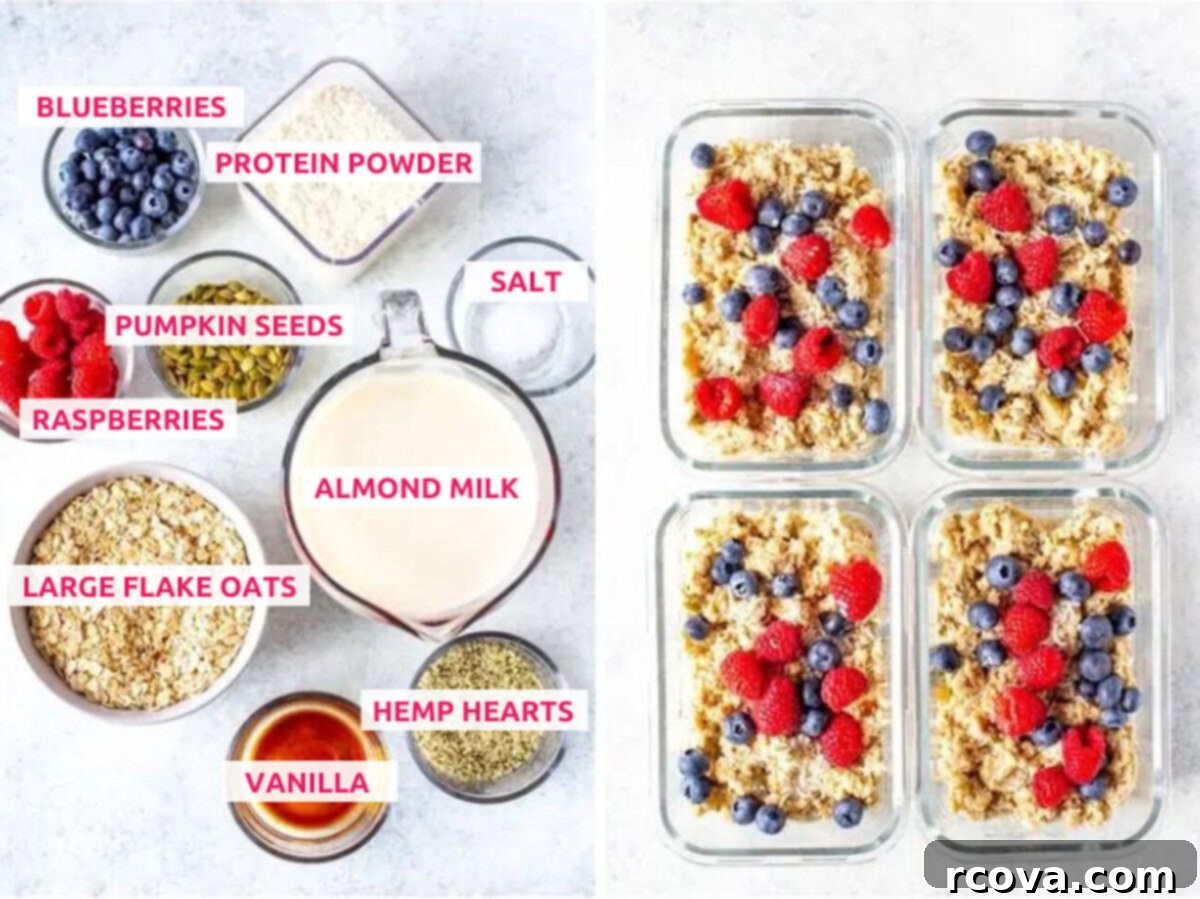 Power-Packed Protein Oats 4 Ingredients for protein oatmeal including large flake oats, hemp hearts, vanilla, raspberries, blueberries, pumpkin seeds, protein powder, almond milk and salt laid out on a white surface.