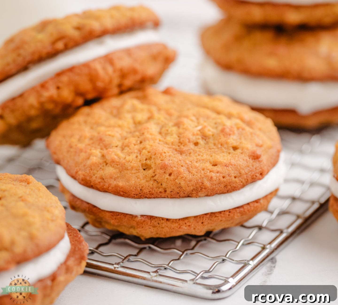 Pumpkin Patch Oat Sandwich Delights 3 pumpkin oatmeal sandwich cookies on a cooling rack