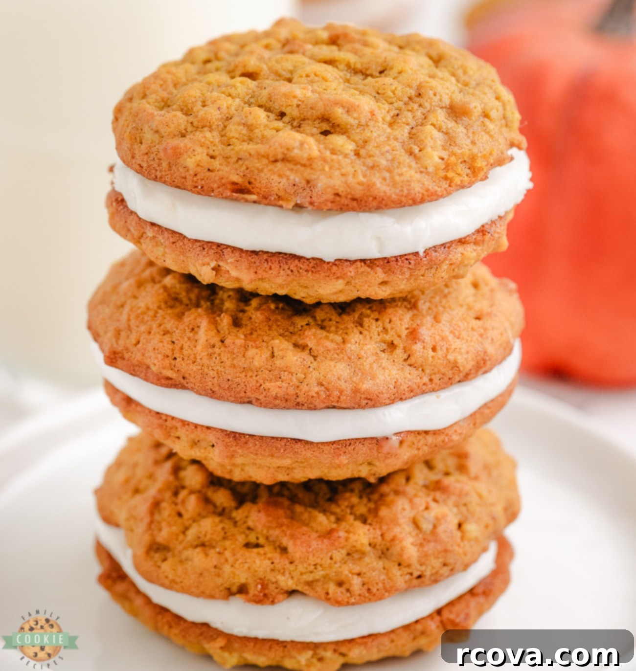 Pumpkin Patch Oat Sandwich Delights 7 stack of pumpkin oat sandwich cookies