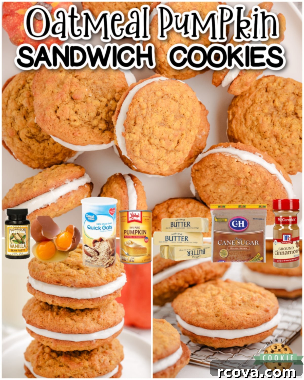 Pumpkin Patch Oat Sandwich Delights 8 Oatmeal Pumpkin Sandwich Cookies are a tasty spiced oatmeal cookies with a buttery maple frosting sandwiched in between! These sandwich cookies have delightful fall flavors everyone loves!