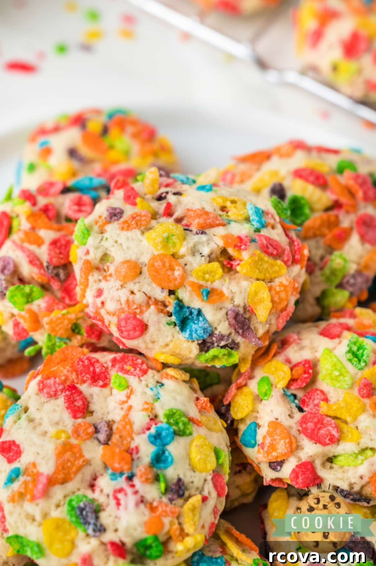 Vibrant Cereal Cookie Delights 15 A collection of vibrant Fruity Pebbles cookies, showcasing their colorful appearance and soft texture.