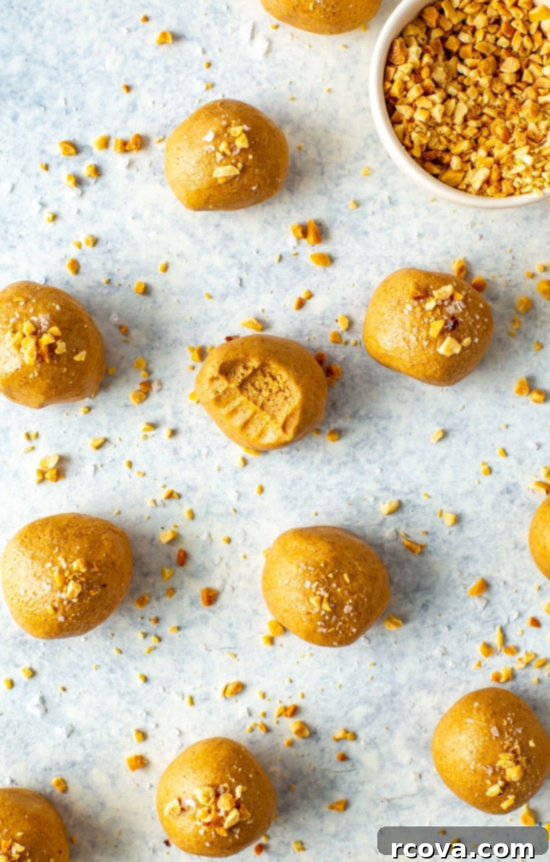 Three Ingredient Peanut Butter Protein Energy Bites 6 Peanut Butter Protein Balls in a bowl, with ingredients visible.