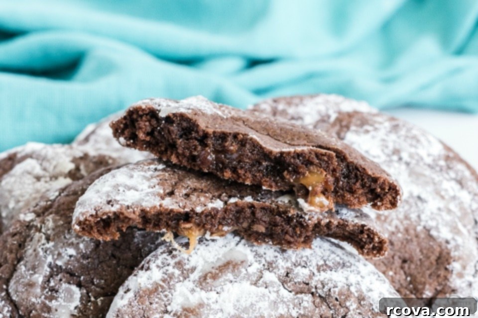 Decadent Caramel Chocolate Crinkle Cookies 2 Salted Caramel Chocolate Crinkle Cookies recipe, gooey caramel center, perfect for holidays