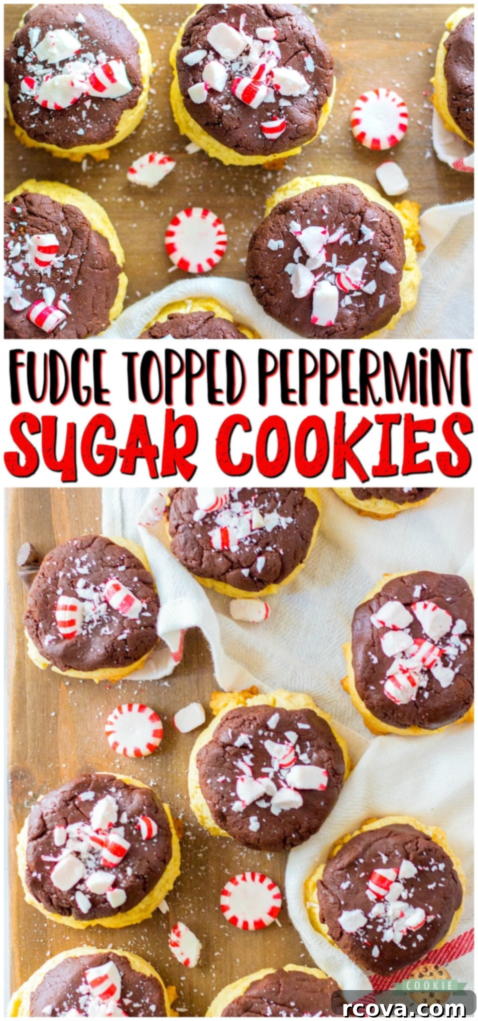 Festive Peppermint Fudge Sugar Cookies 9 Peppermint Fudge Sugar Cookies are two favorites in one! Soft sugar cookies topped with a chocolate peppermint fudge & crushed candy canes for an over-the-top Christmas treat!