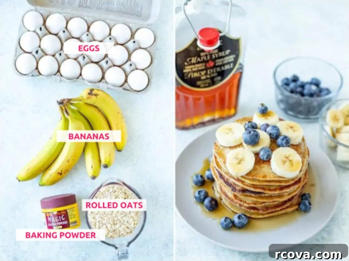 Wholesome 5-Ingredient Gluten-Free Banana Oat Pancakes 4 A simple array of fresh ingredients for healthy banana oat pancakes: ripe bananas, eggs, rolled oats, and a measuring spoon of baking powder, symbolizing the minimal ingredient list.